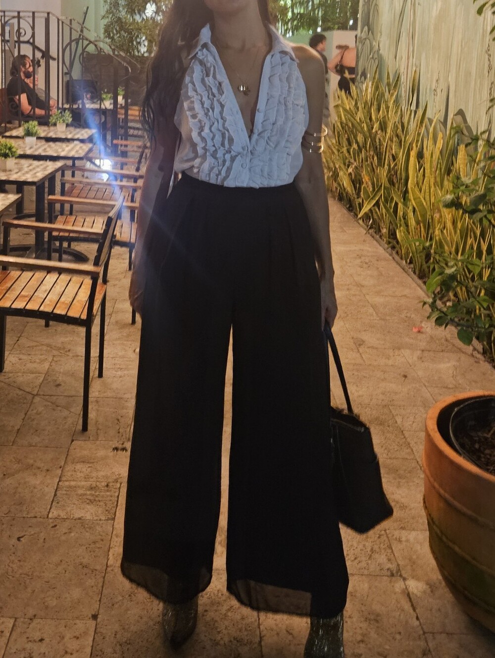 Fashion Nova Black Wide-Leg Jumpsuit with White Ruffle Plunge Top